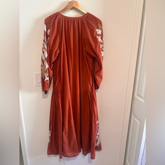 Anthropologie Boho Embroidered Rust Midi Dress | Puff Sleeve Ethnic Folk Style M - Picture 4 of 9